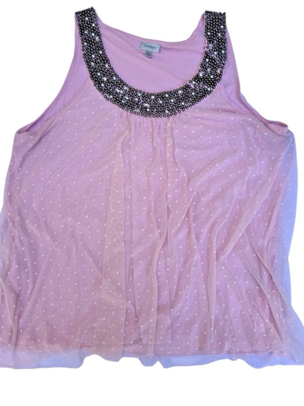 Avenue 18/20 Pink Polka Dot Sleeveless Tank Top Beaded Neckline Viscose Lining
